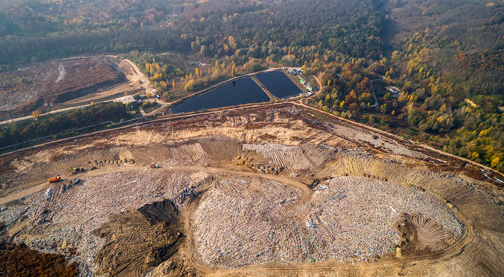 Aerial view of an active landfill site requiring effective airborne odour contro