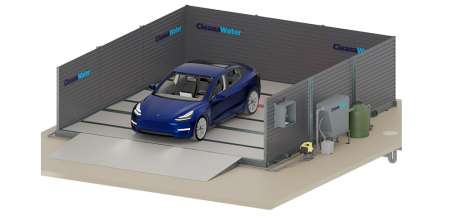 A 3D model of a Cleanawater 3-wall portable car wash bay.