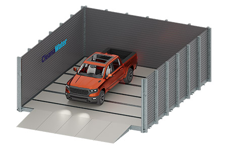 A 3D model of a Cleanawater portable 3-walled car wash with a ute inside it.