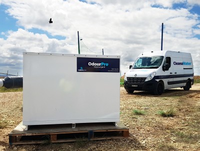 Cleanawater OdourPro Vapourgard odour control system operating on-site with service vehicle in background.