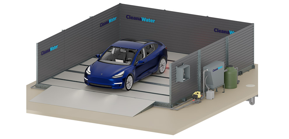 A 3D model of a Cleanawater 3-walled portable car wash bay.