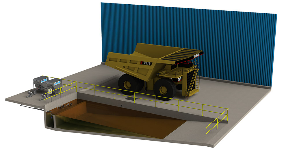 A model of a Cleanawater permanent wash bay big enough for heavy machinery — in 